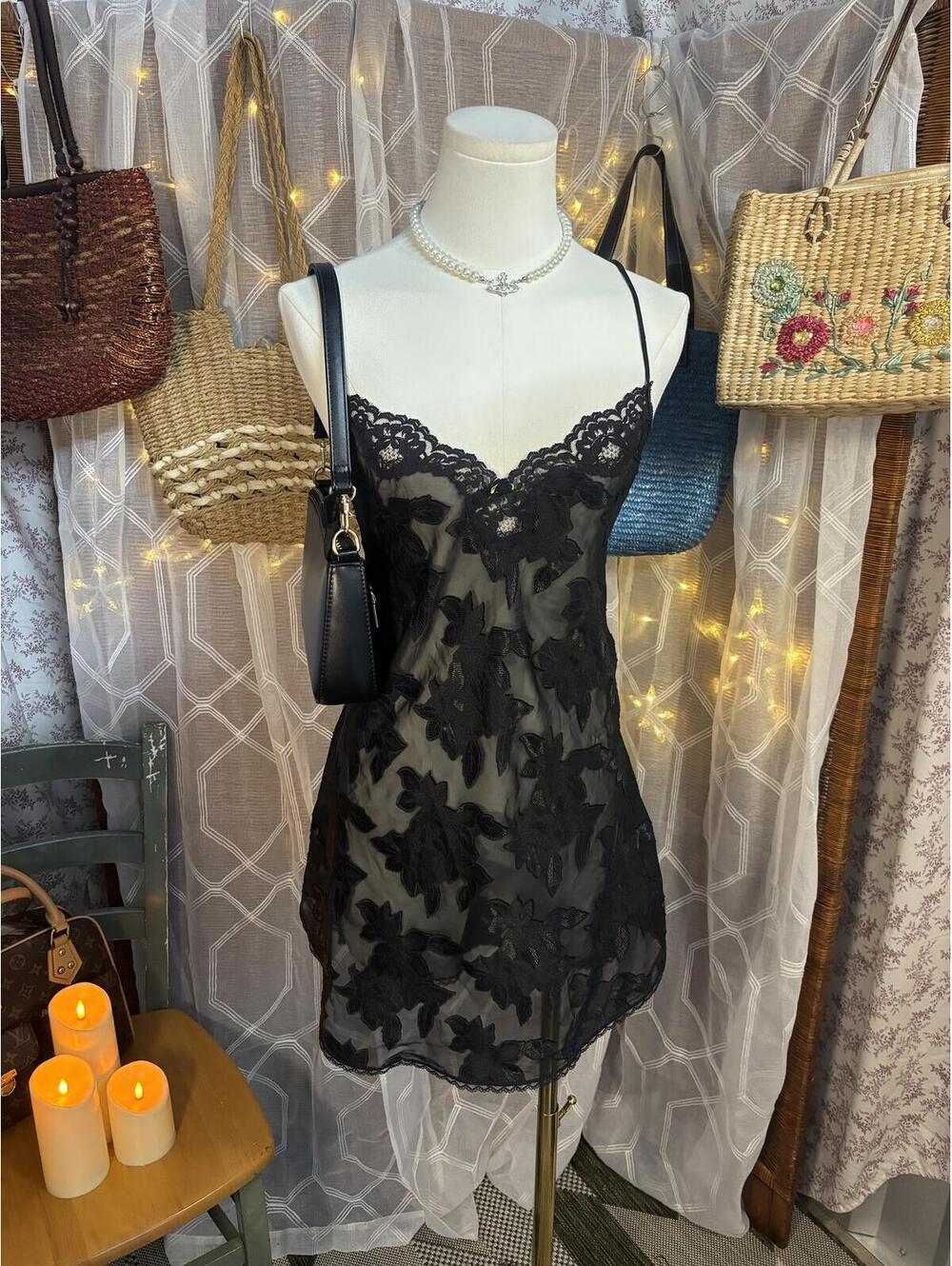 Vintage Deena Black Sheer Floral Lace Slip Dress Lingerie Babydoll Goth Y2K